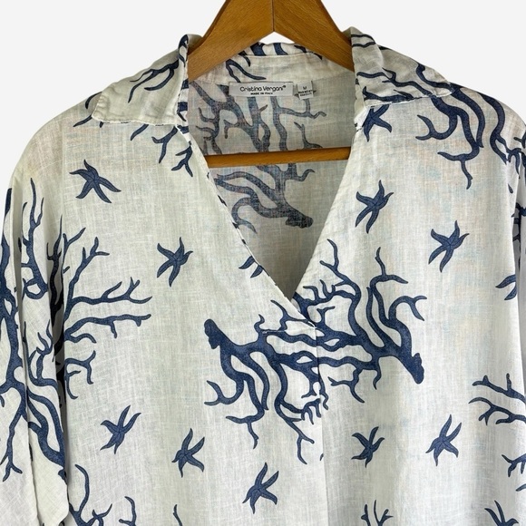 Cristina Vergani Linen Blend Coral Print Dress Hi-Low Size M Italy White Blue - Picture 8 of 15